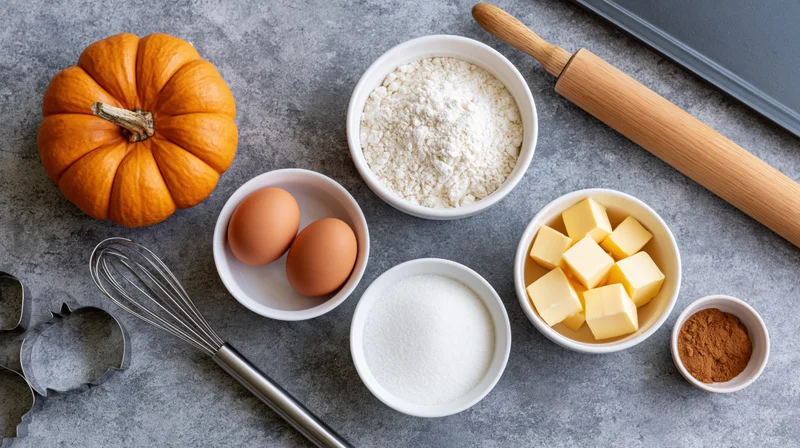 Autumn baking ingredients arranged on a gray countertop with tools and bowls