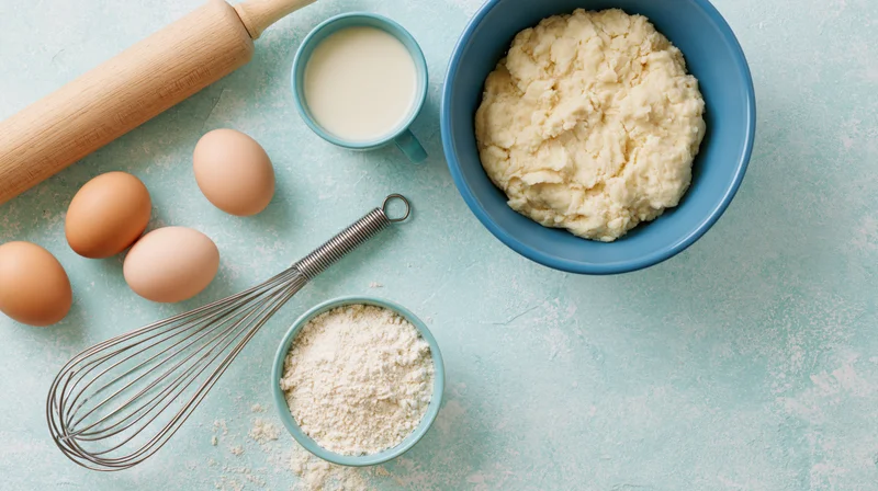Baking ingredients and tools arranged on a pale blue countertop in flat lay view