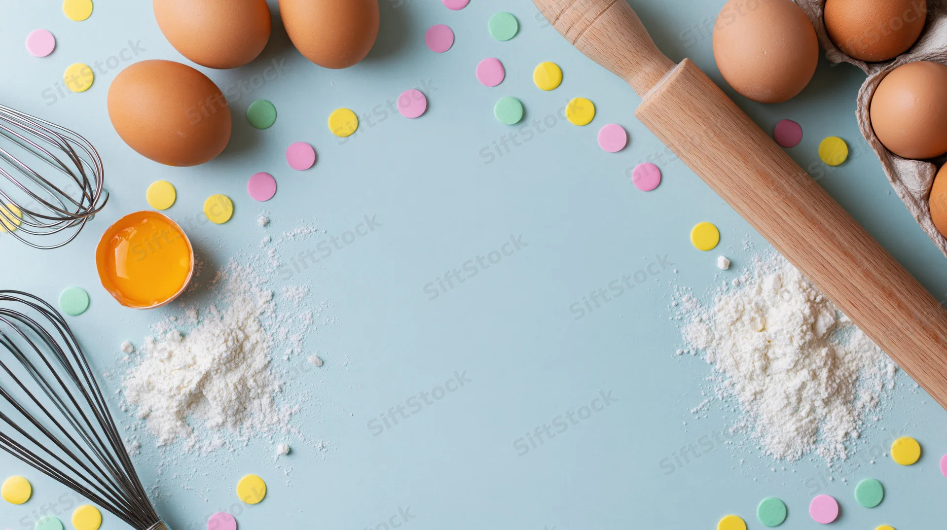 Baking ingredients arranged as a border on a pale blue surface with copyspace in center