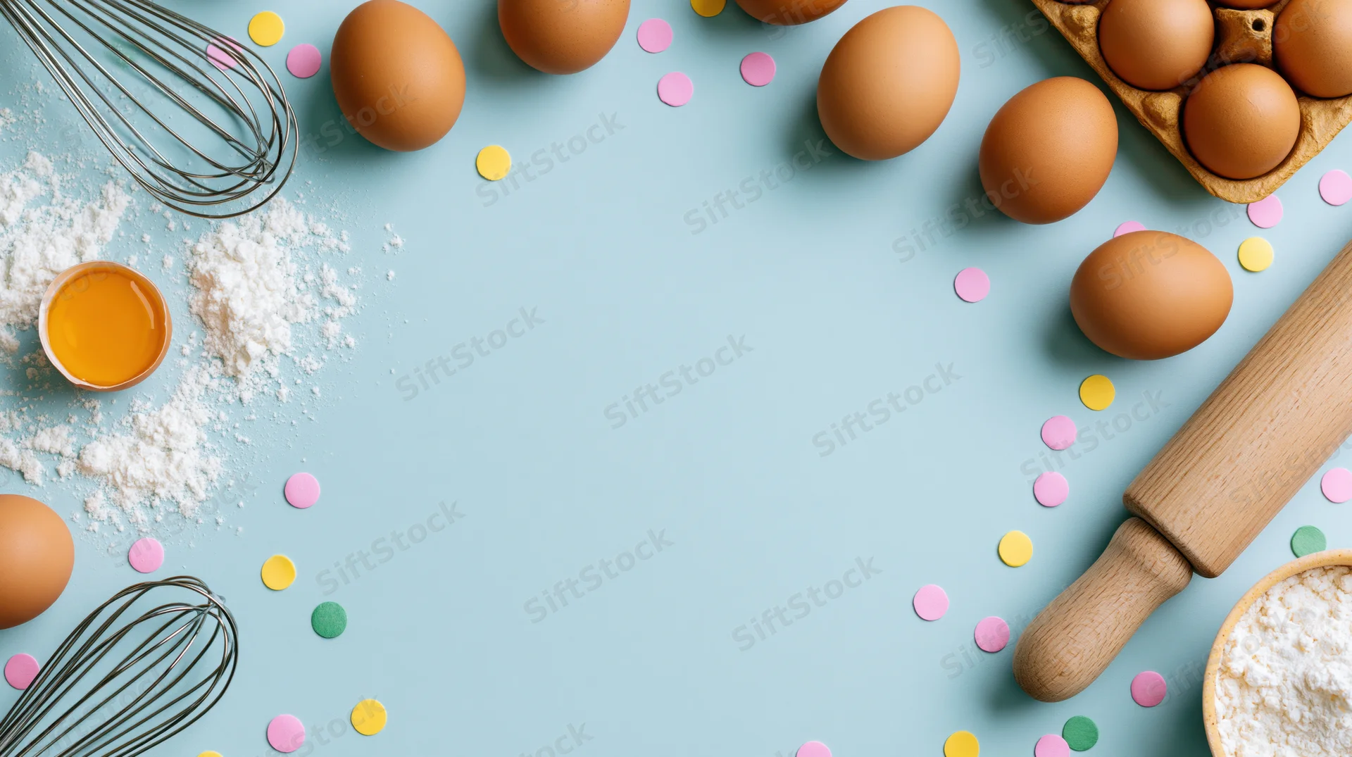 Baking ingredients arranged as a border on a pale blue surface with copyspace in center
