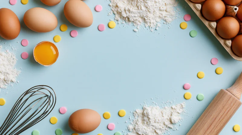 Baking ingredients arranged as a border on a pale blue surface with copyspace in center