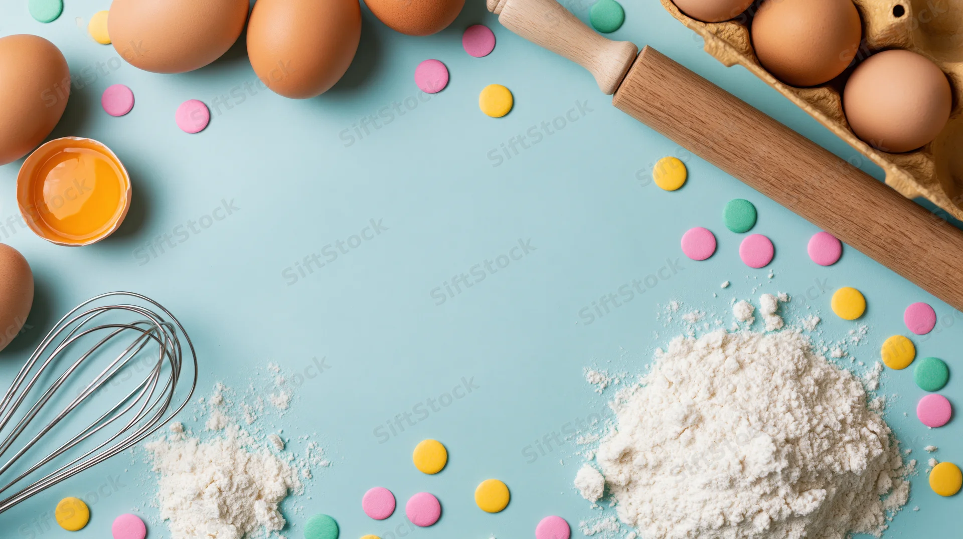 Baking ingredients arranged as a border on a pale blue surface with copyspace in center