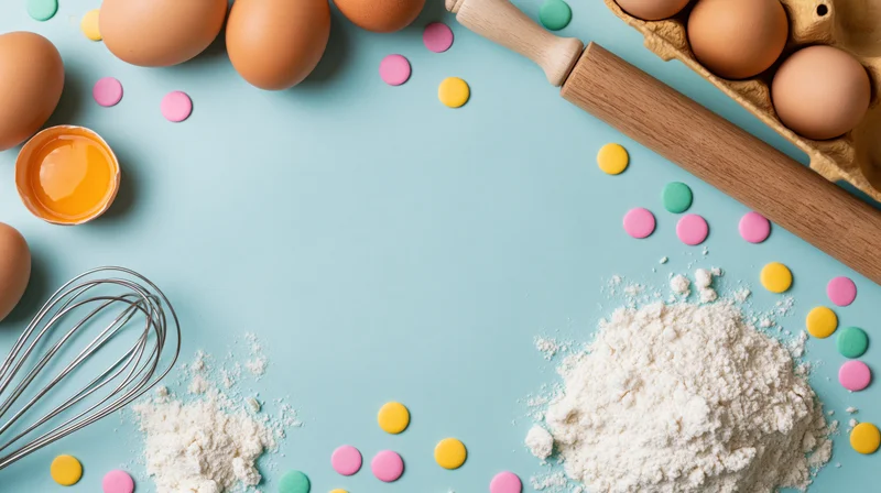Baking ingredients arranged as a border on a pale blue surface with copyspace in center