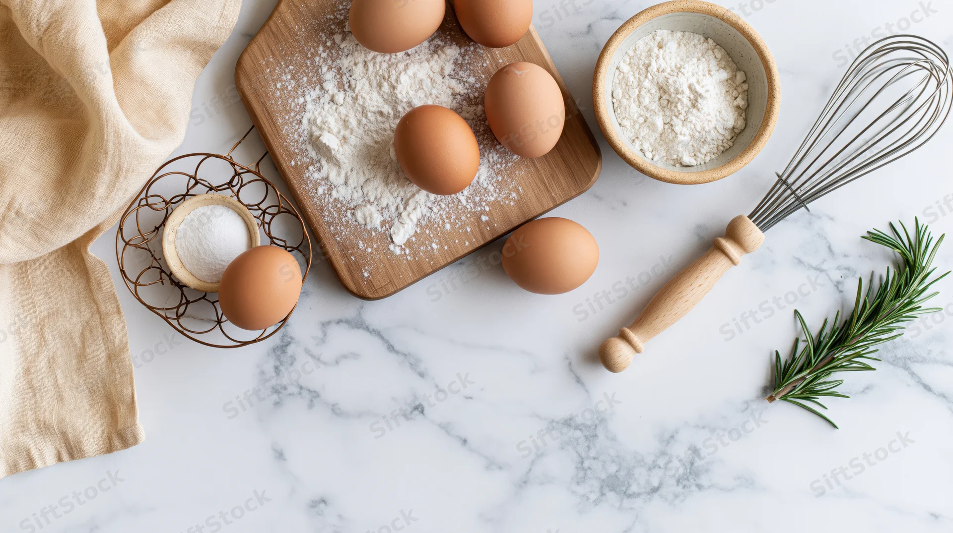 Baking ingredients arranged on a white marble countertop in a flat lay composition