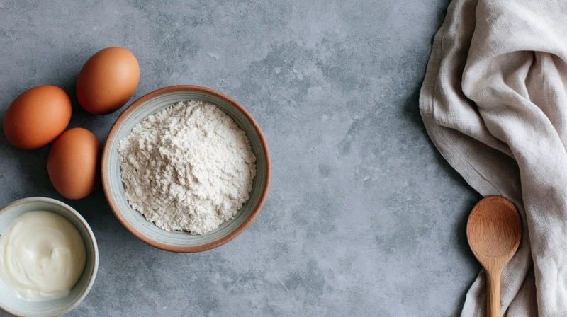 Baking ingredients arranged on a gray marble surface with a wooden spoon and cloth nearby