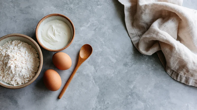 Baking ingredients arranged on a grey marble surface with wooden spoon and linen cloth