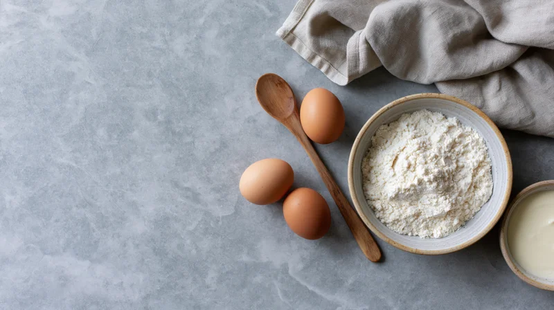 Baking ingredients arranged on a gray marble surface with a wooden spoon and cloth napkin