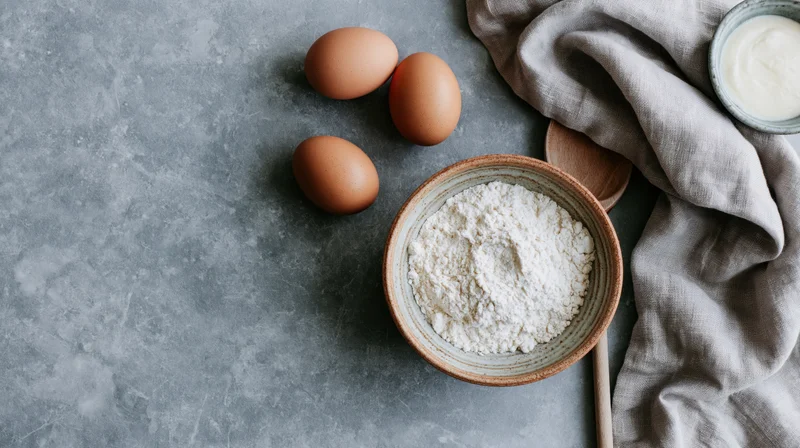 Baking ingredients arranged on a gray marble surface with a ceramic bowl of flour, eggs, and a cloth napkin