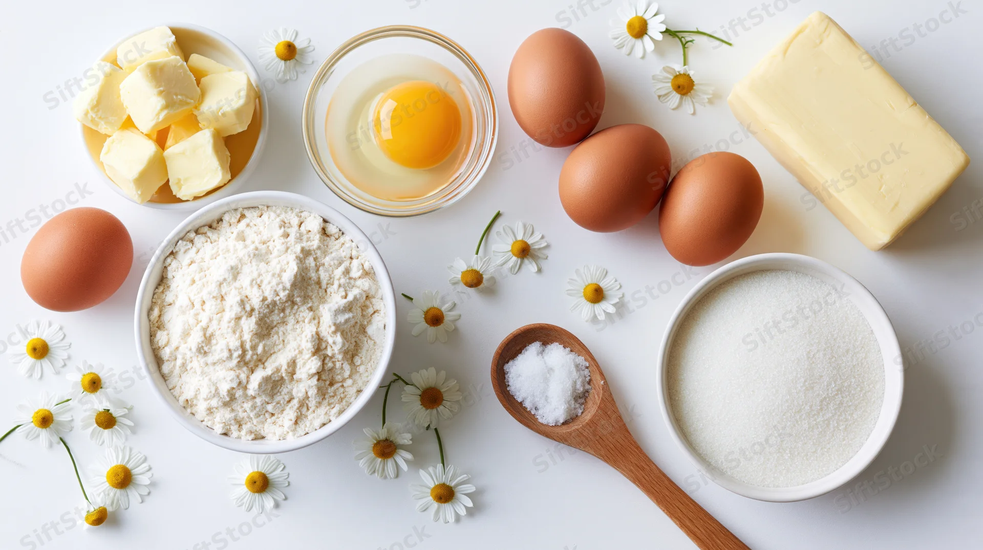 Baking ingredients arranged in a flat lay on a white surface with daisies and a wooden spoon