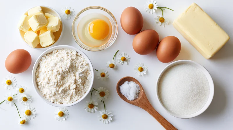 Baking ingredients arranged in a flat lay on a white surface with daisies and a wooden spoon