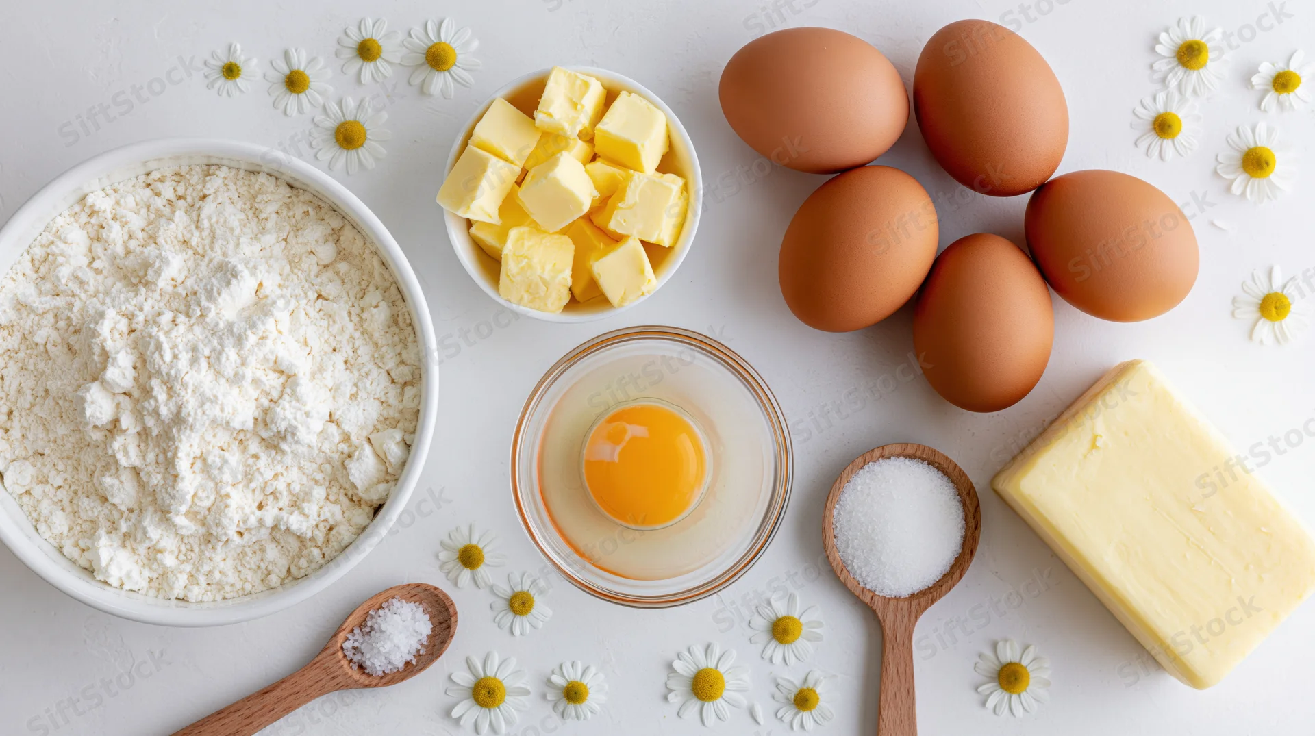 Baking ingredients arranged in a flat lay on a white surface with daisies scattered around