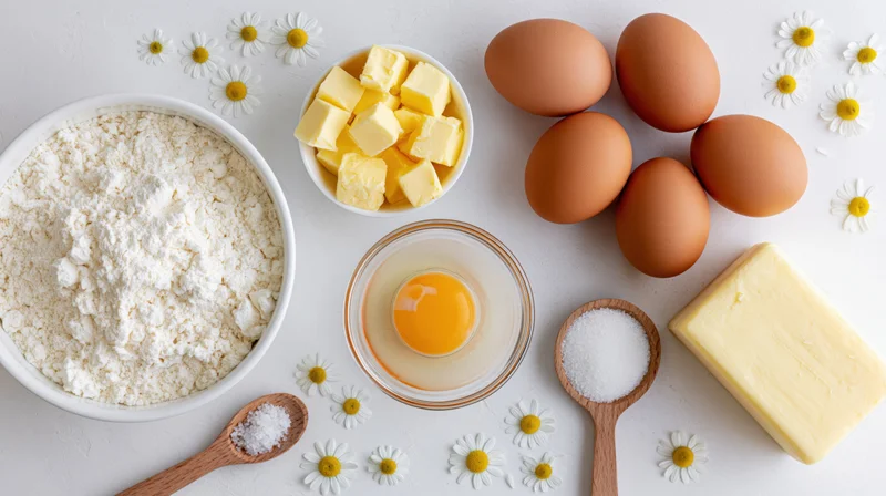 Baking ingredients arranged in a flat lay on a white surface with daisies scattered around
