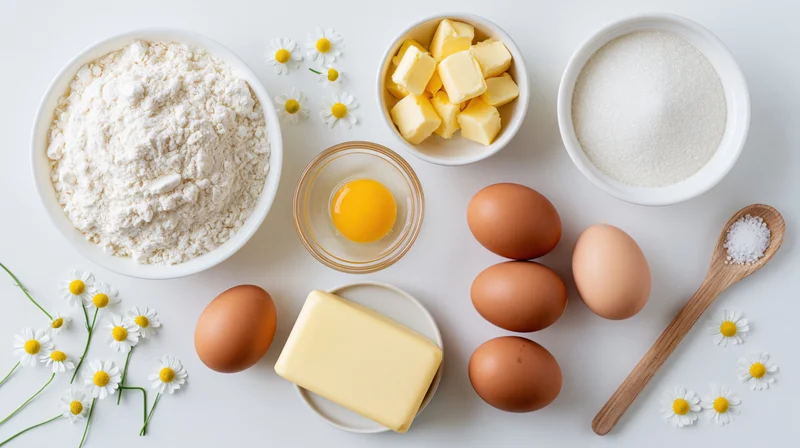 Baking ingredients arranged in bowls and on a white surface with daisies and a wooden spoon