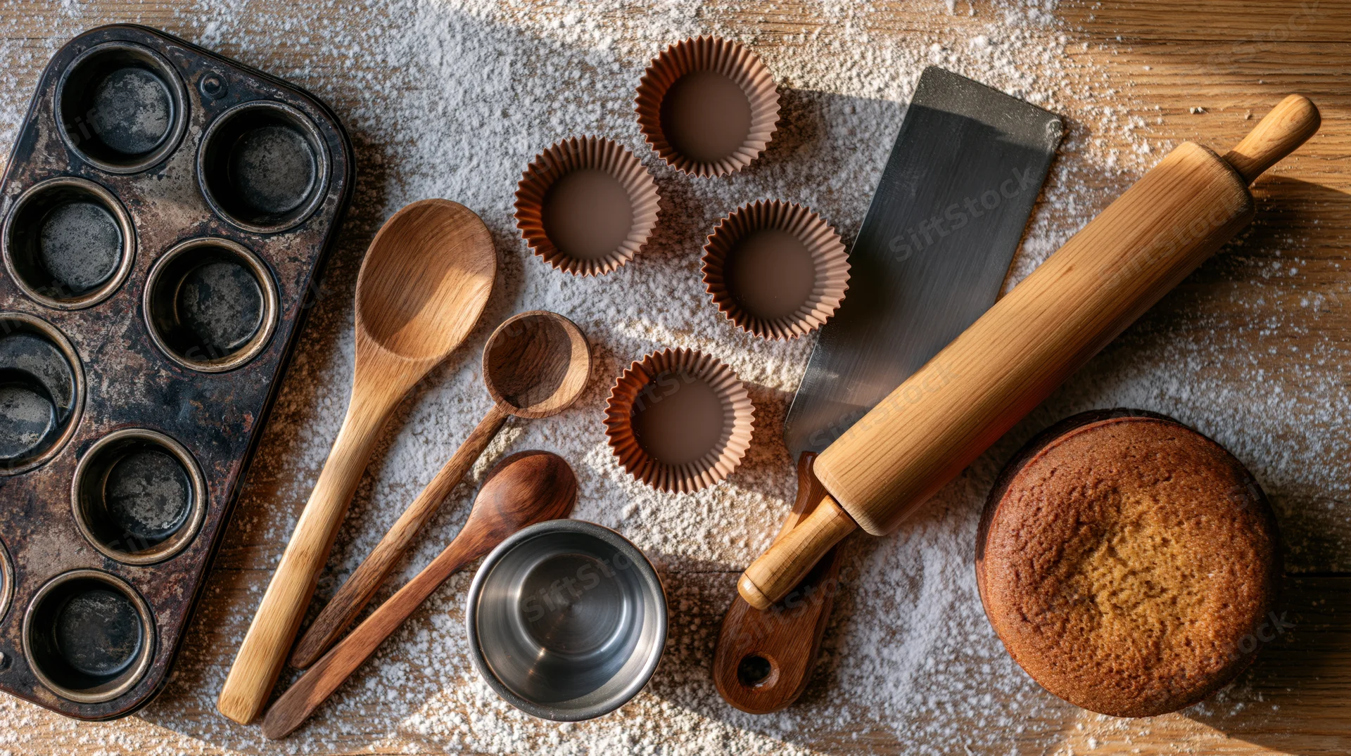 Baking tools and ingredients arranged on a floured wooden surface in flat lay overhead view