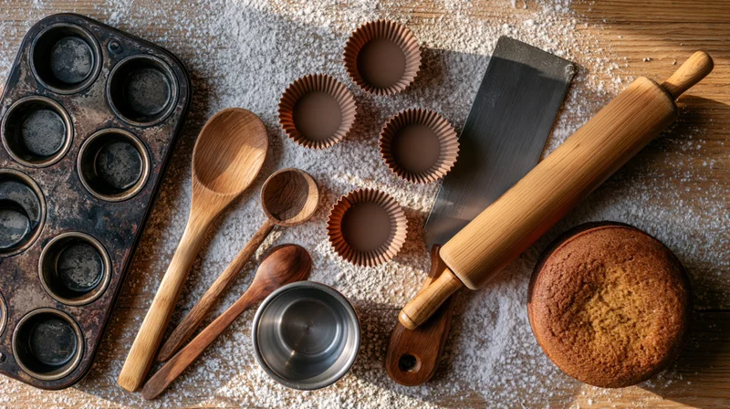 Baking tools and ingredients arranged on a floured wooden surface in flat lay overhead view