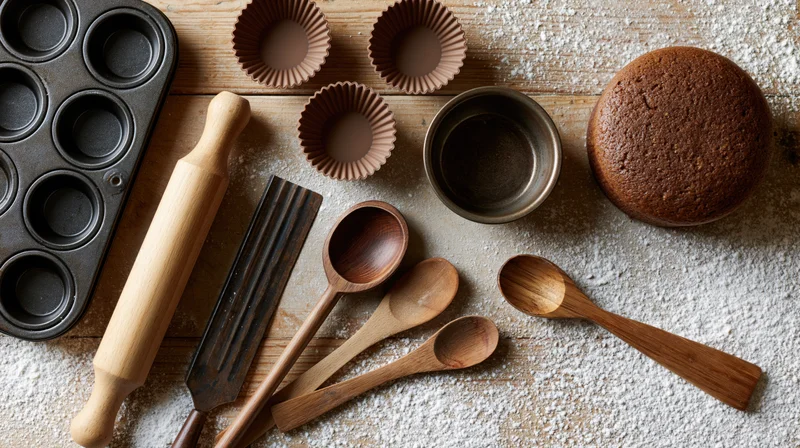 Baking tools and utensils arranged on a floured wooden surface with a cake and muffin tin