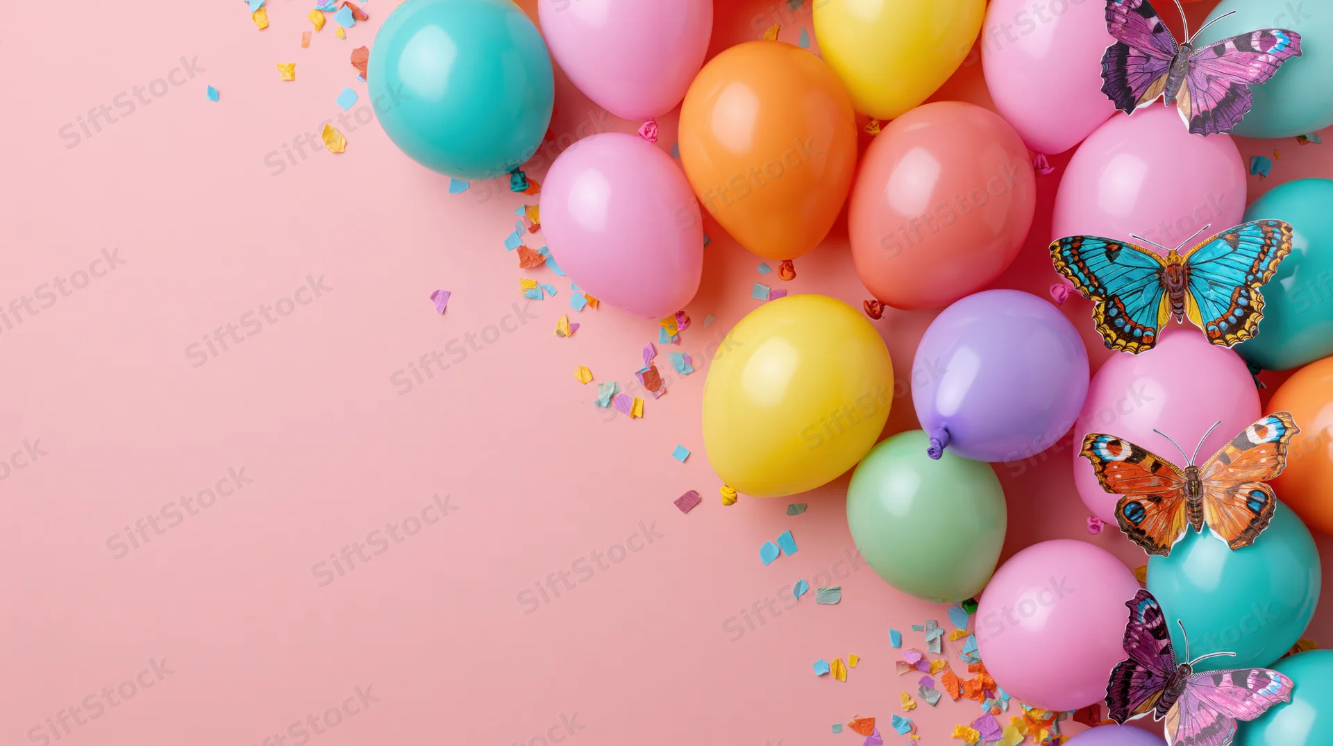 Colorful party balloons and decorative butterflies arranged in a flat lay on a pink surface with confetti and copyspace