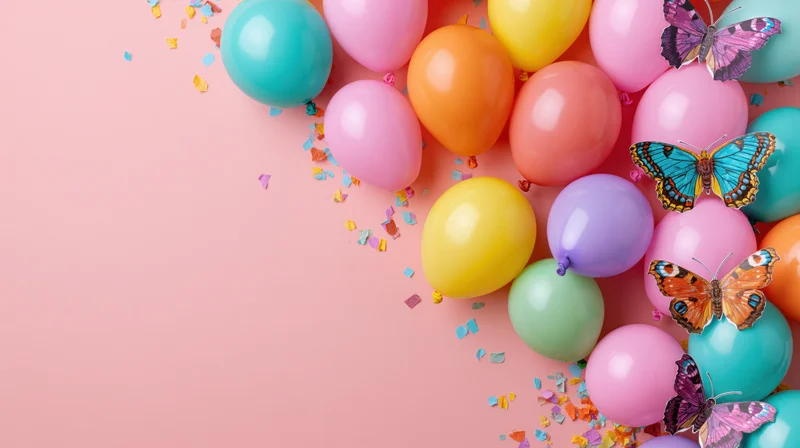 Colorful party balloons and decorative butterflies arranged in a flat lay on a pink surface with confetti and copyspace