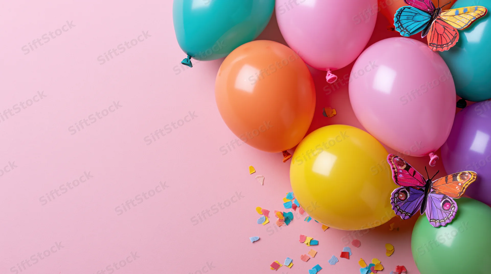 Colorful party balloons and decorative butterflies arranged on pink surface with confetti and copyspace