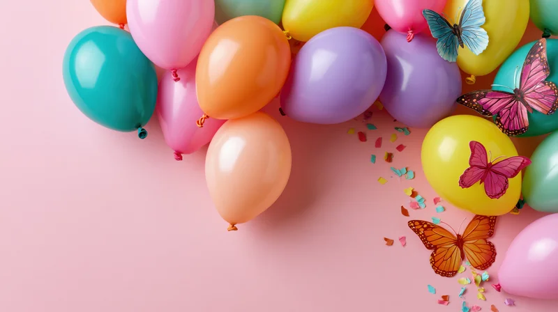 Colorful party balloons and decorative butterflies arranged on pink surface with confetti and copyspace