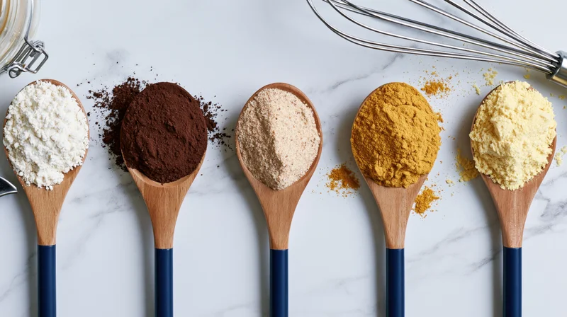 Five wooden spoons with navy blue handles holding different powders arranged on a marble countertop