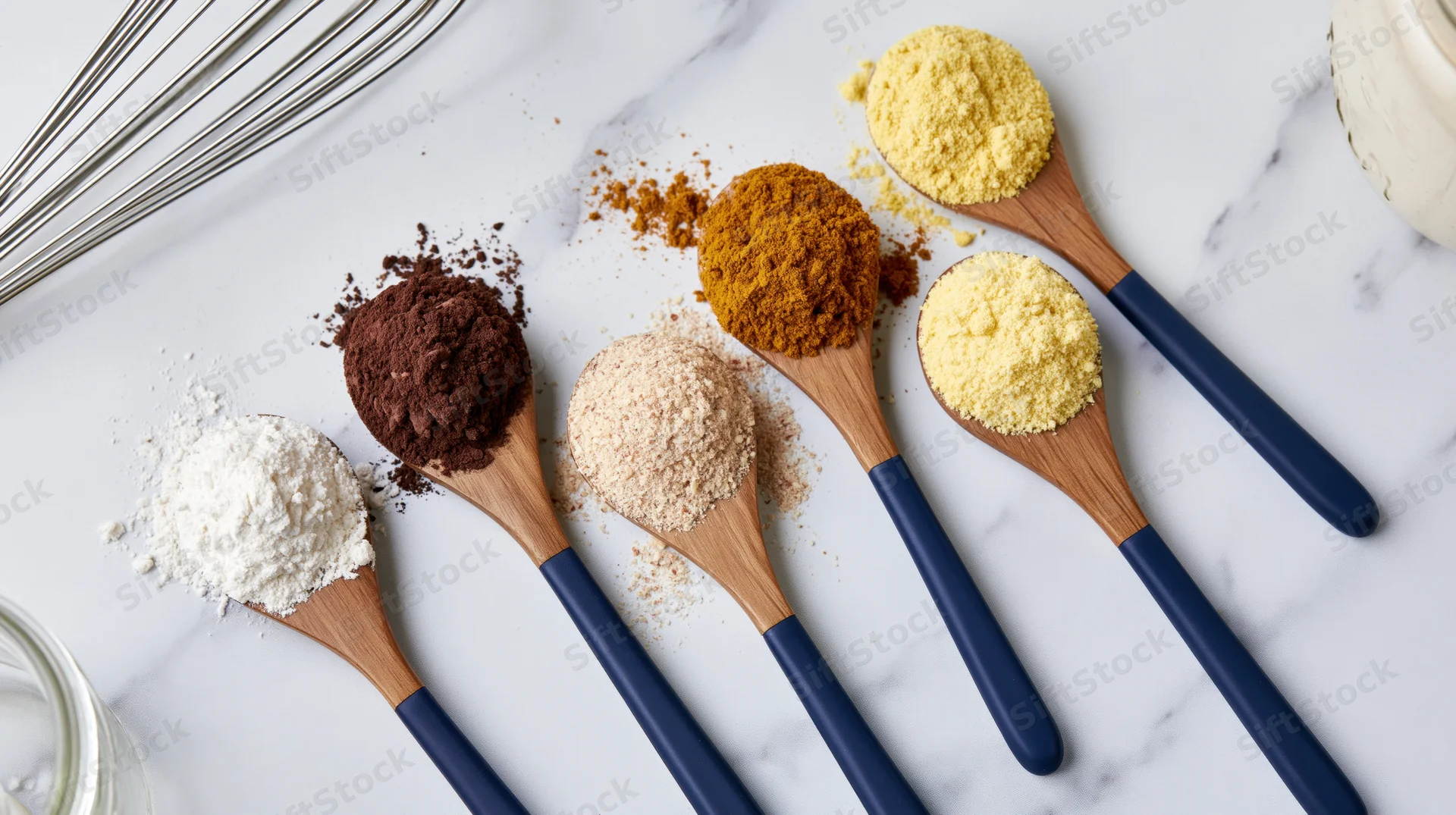 Five wooden spoons with navy blue handles holding various baking ingredients arranged on a marble countertop in a flat lay overhead view