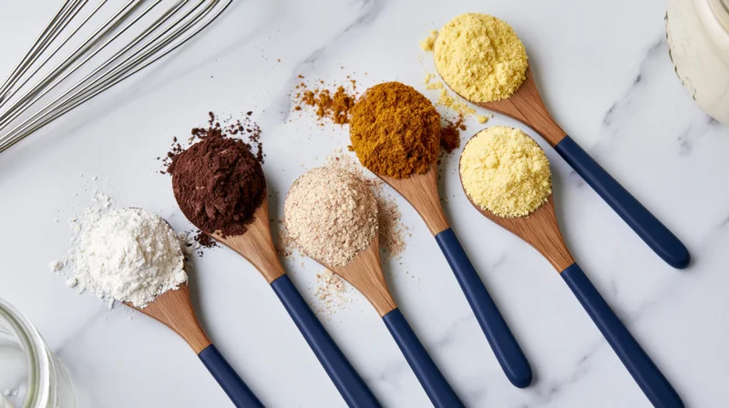 Five wooden spoons with navy blue handles holding various baking ingredients arranged on a marble countertop in a flat lay overhead view