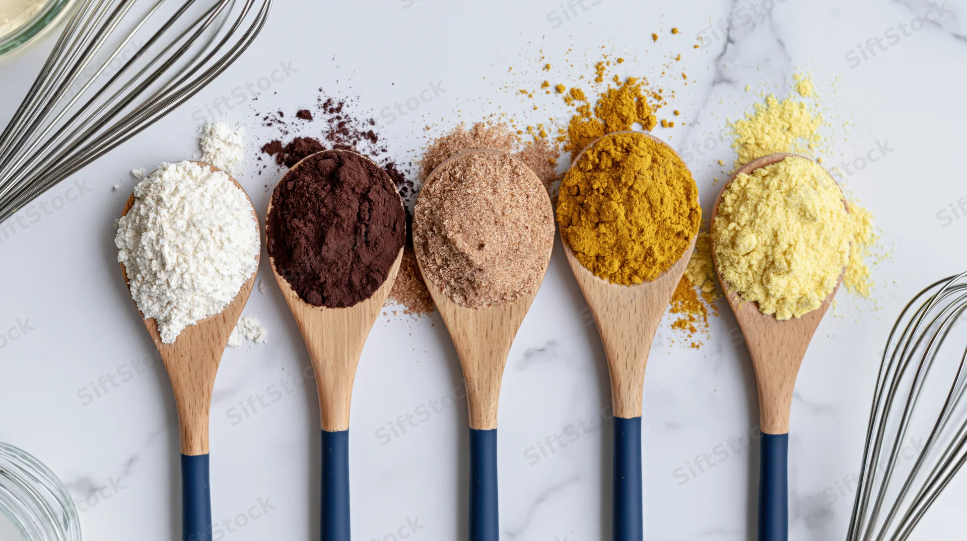 Five wooden spoons holding different colored powders arranged in a row on a marble surface