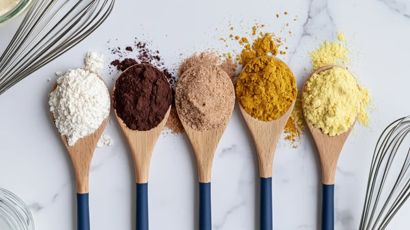 Five wooden spoons holding different colored powders arranged in a row on a marble surface