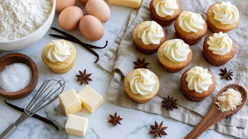 Freshly baked vanilla cupcakes with swirled cream frosting arranged on a marble countertop with baking ingredients and tools