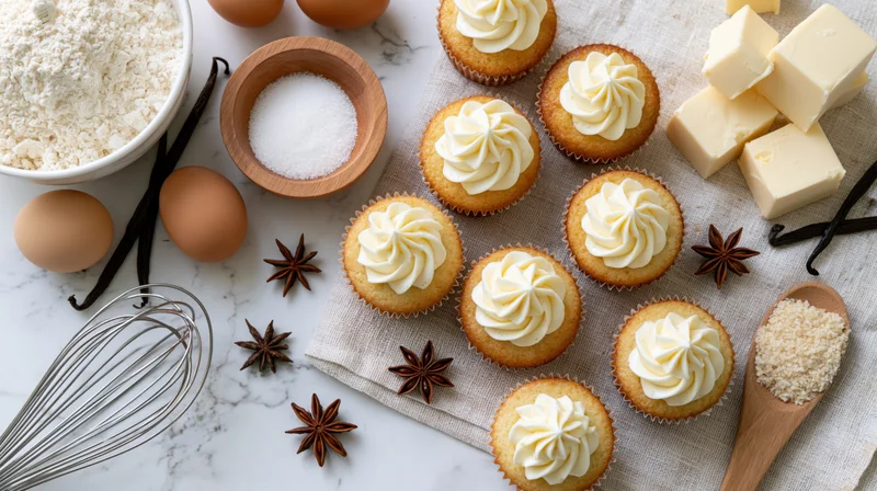 Vanilla cupcakes with swirled cream frosting arranged on a cloth with baking ingredients on a marble countertop