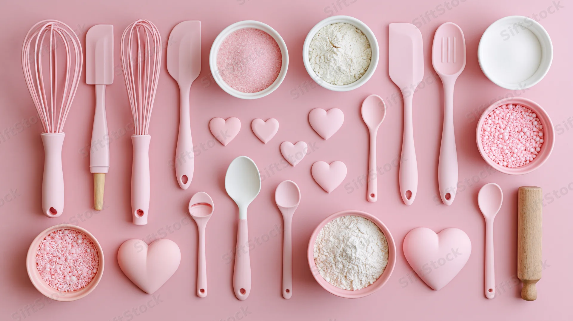 Pink baking utensils and heart-shaped decorations arranged in flat lay on pastel background