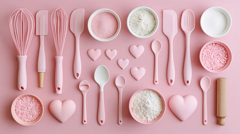 Pink baking utensils and heart-shaped decorations arranged in flat lay on pastel background