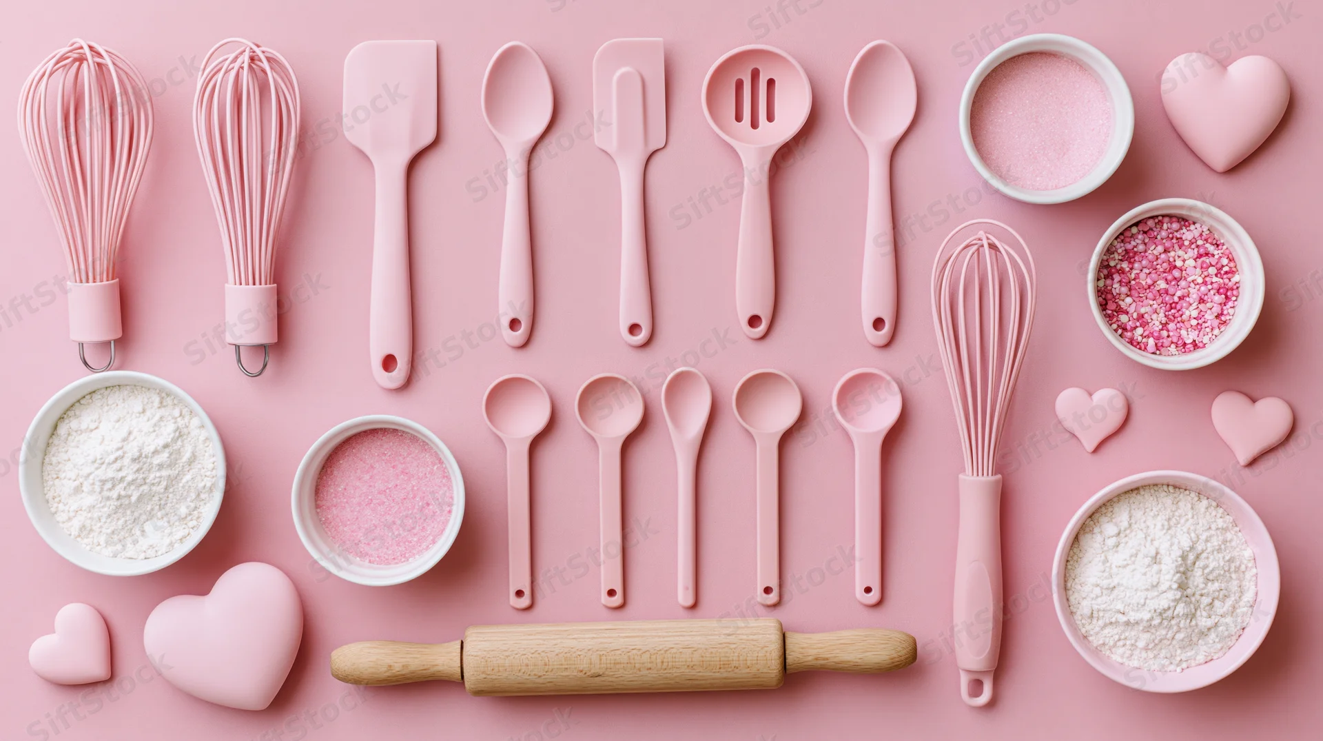 Pink baking tools and utensils arranged in flat lay on solid pink background with flour, sugar, sprinkles, and heart shapes