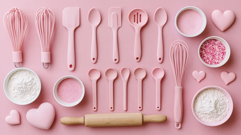 Pink baking tools and utensils arranged in flat lay on solid pink background with flour, sugar, sprinkles, and heart shapes