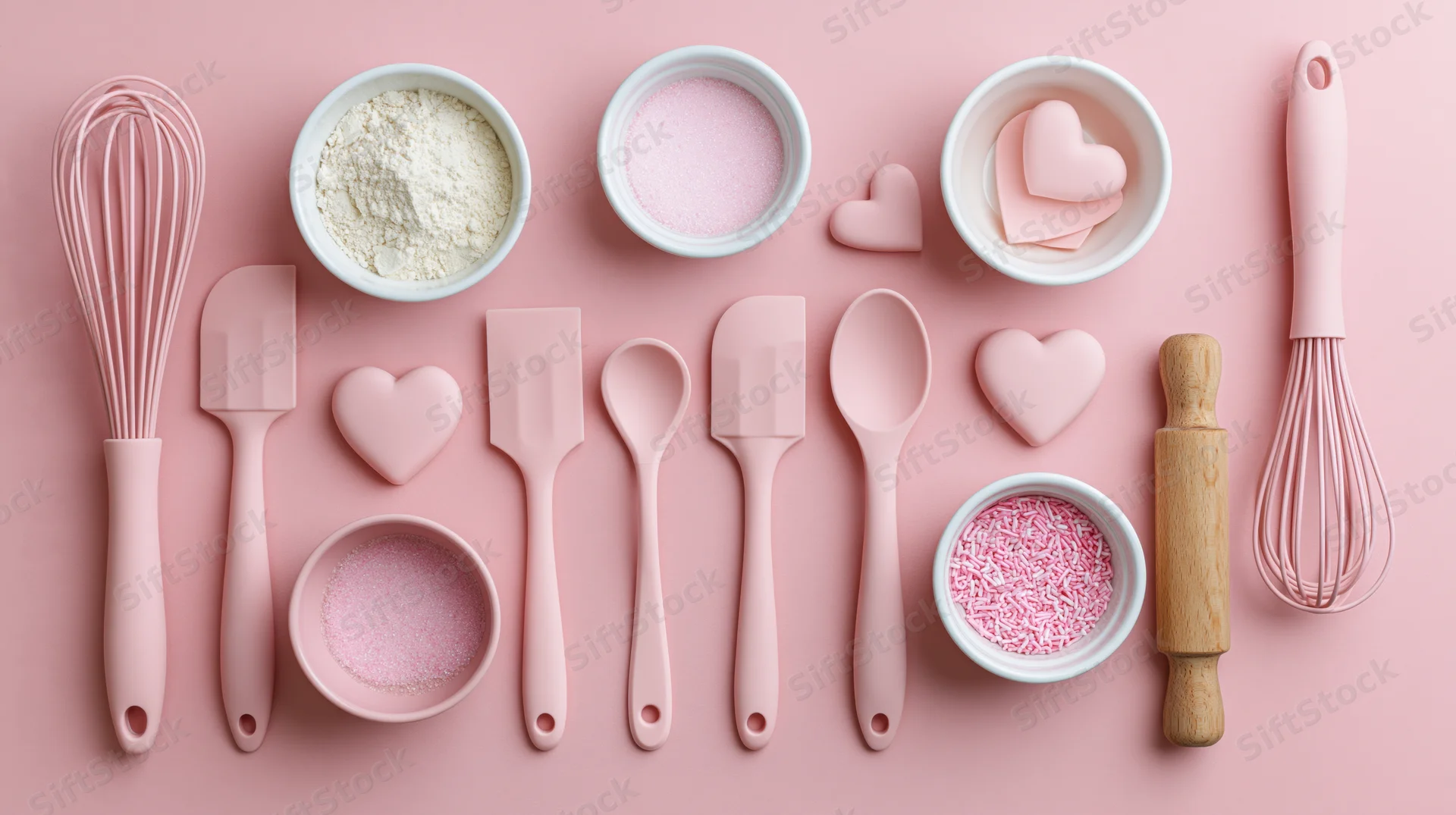 Pink baking tools and utensils arranged in flat lay on solid background