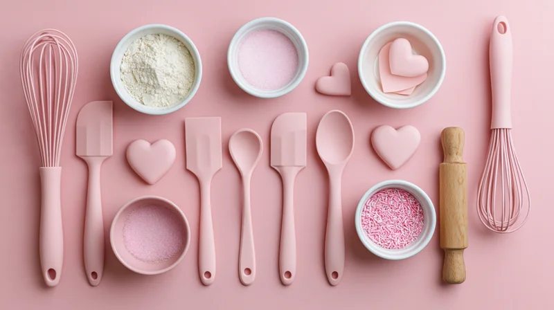 Pink baking tools and utensils arranged in flat lay on solid background