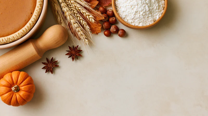 Pumpkin pie baking ingredients arranged on countertop in flat lay with copyspace
