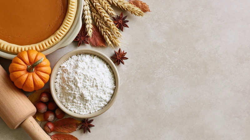 Pumpkin pie baking ingredients arranged on countertop with copyspace