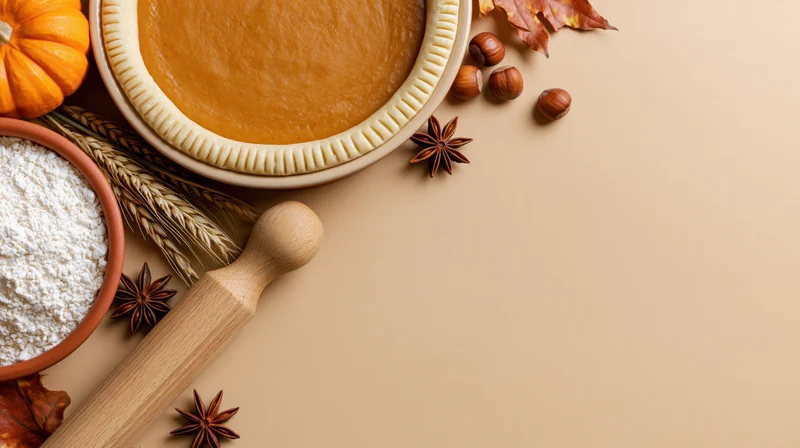 Pumpkin pie baking ingredients arranged on a flat surface with autumn decor and copyspace