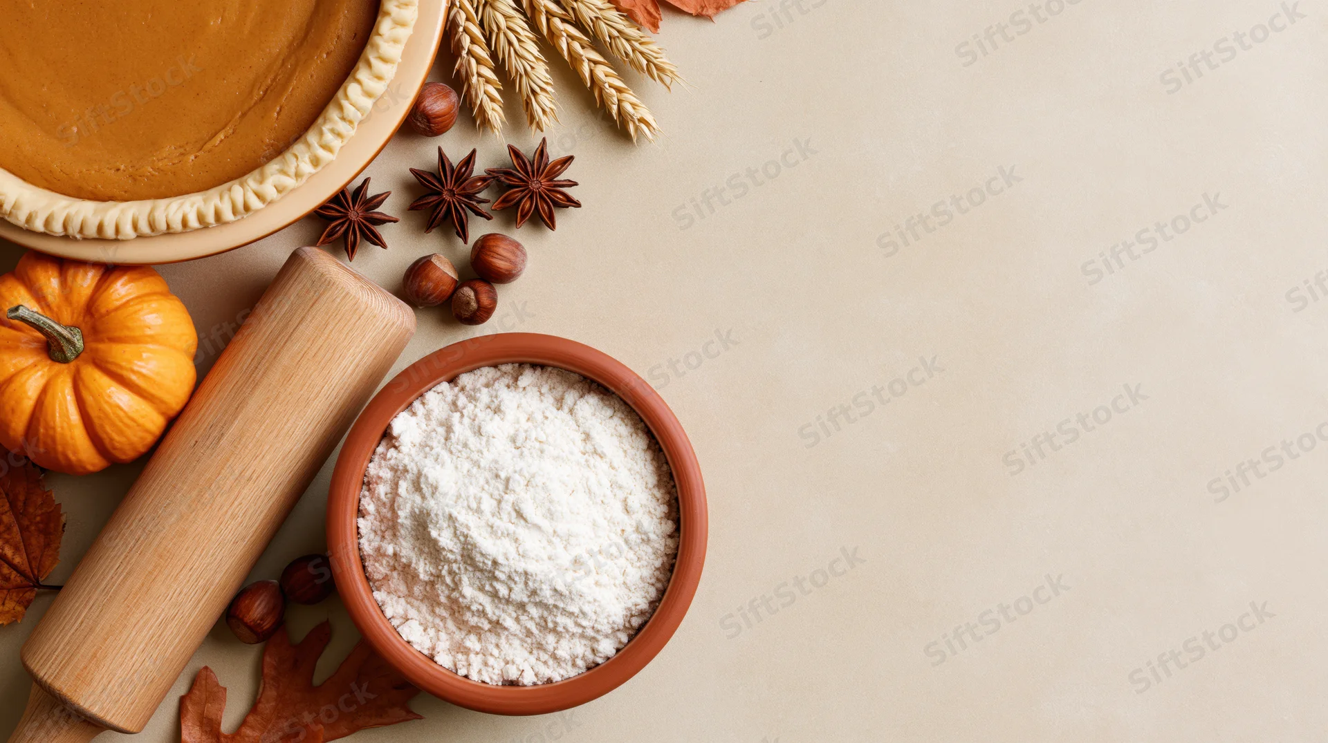 Pumpkin pie baking ingredients arranged on a table with autumn decor and copyspace