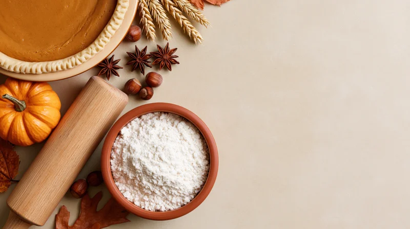 Pumpkin pie baking ingredients arranged on a table with autumn decor and copyspace
