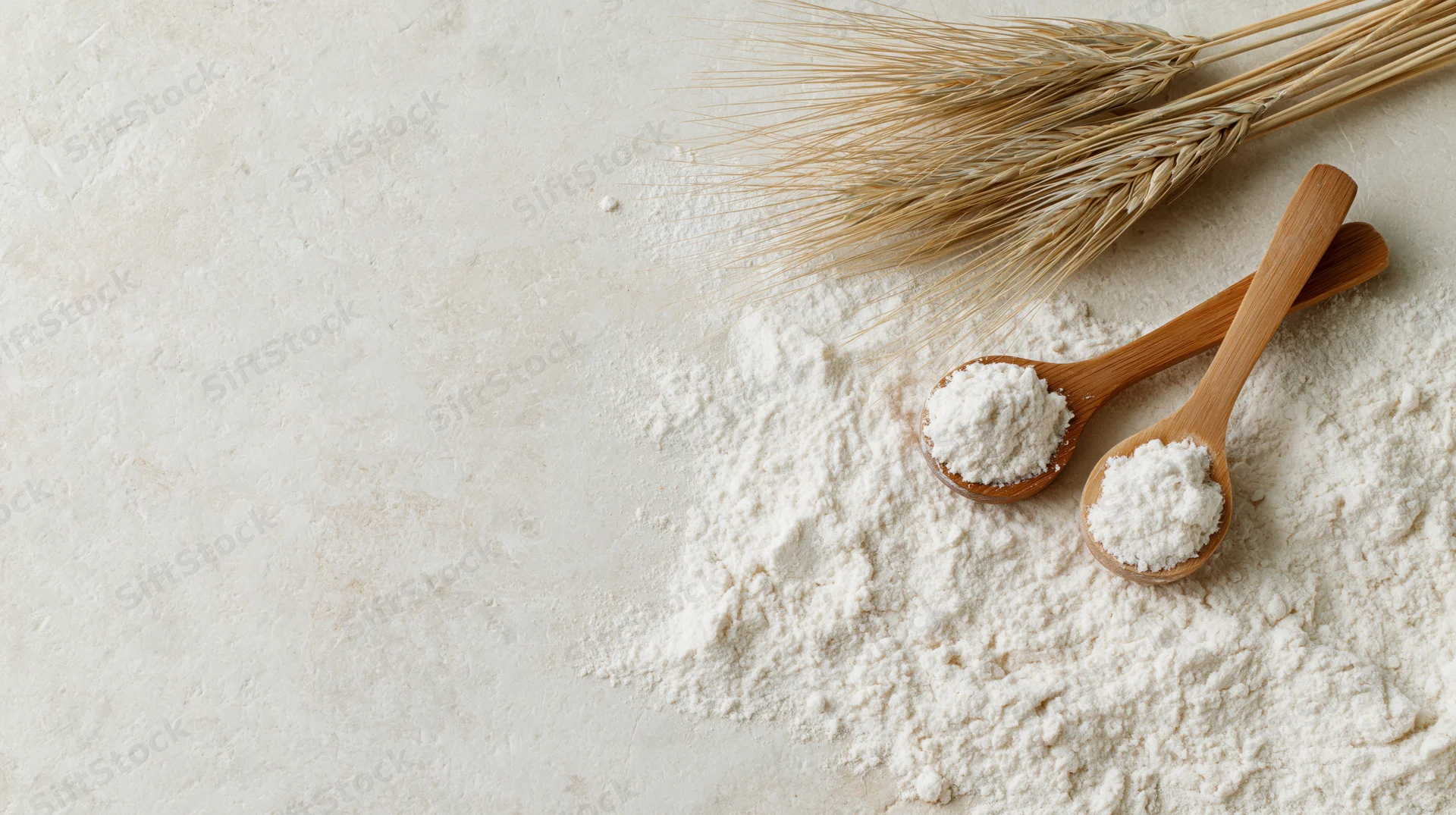 Scattered white flour with wooden spoons and wheat stalks on a pale cream surface