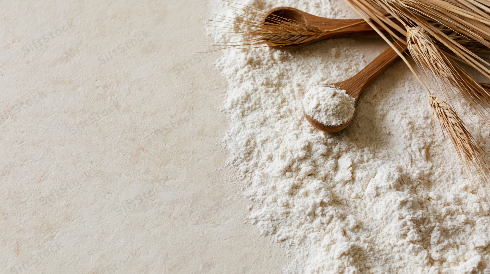 Scattered white flour with wooden spoons and wheat stalks on a cream surface