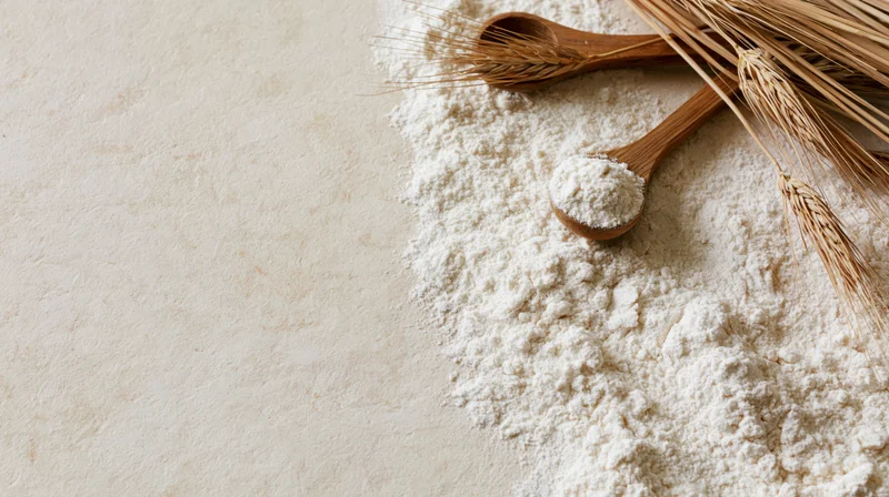 Scattered white flour with wooden spoons and wheat stalks on a cream surface