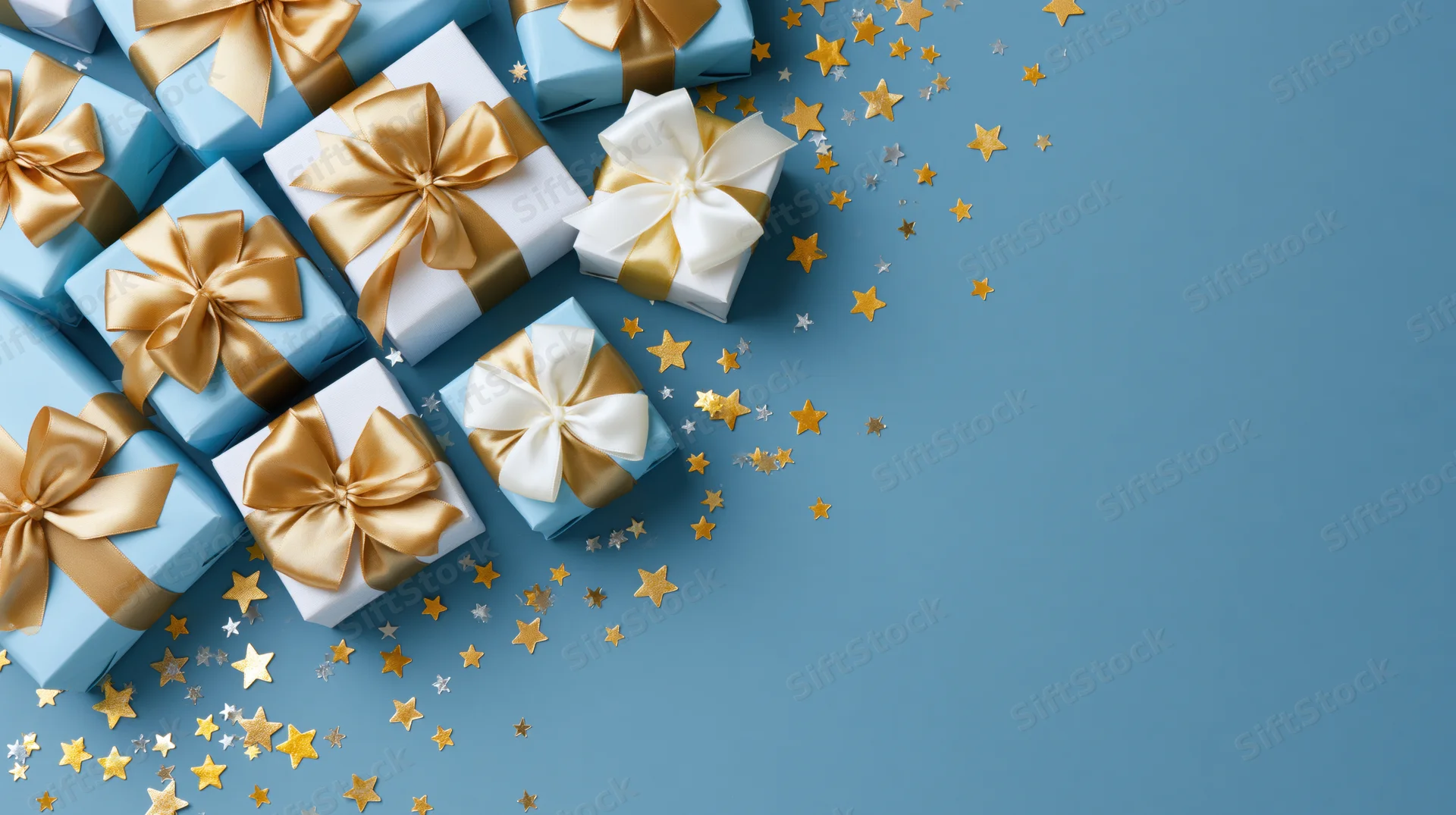 Wrapped gift boxes with gold ribbons and star confetti on blue background