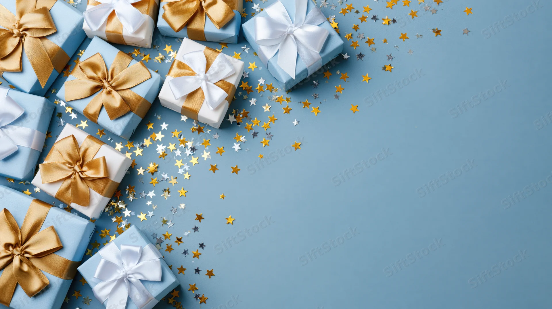 Wrapped gift boxes with bows and star confetti arranged on blue surface in flat lay view with copyspace