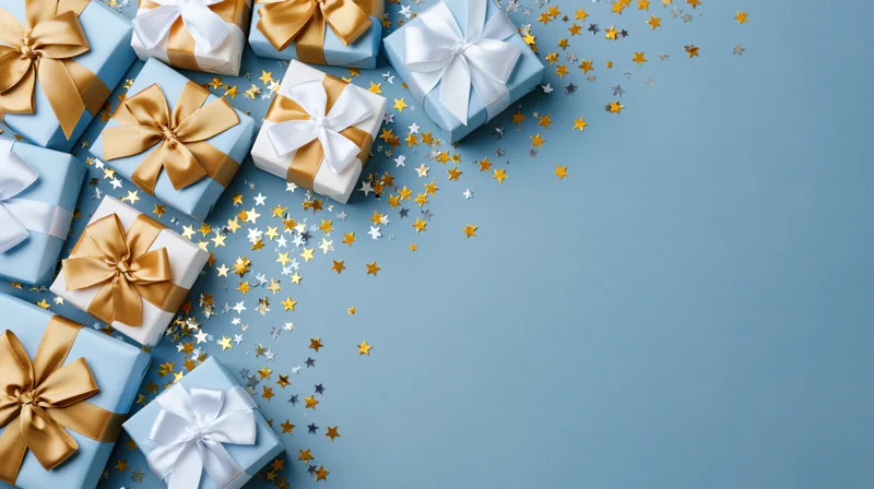 Wrapped gift boxes with bows and star confetti arranged on blue surface in flat lay view with copyspace