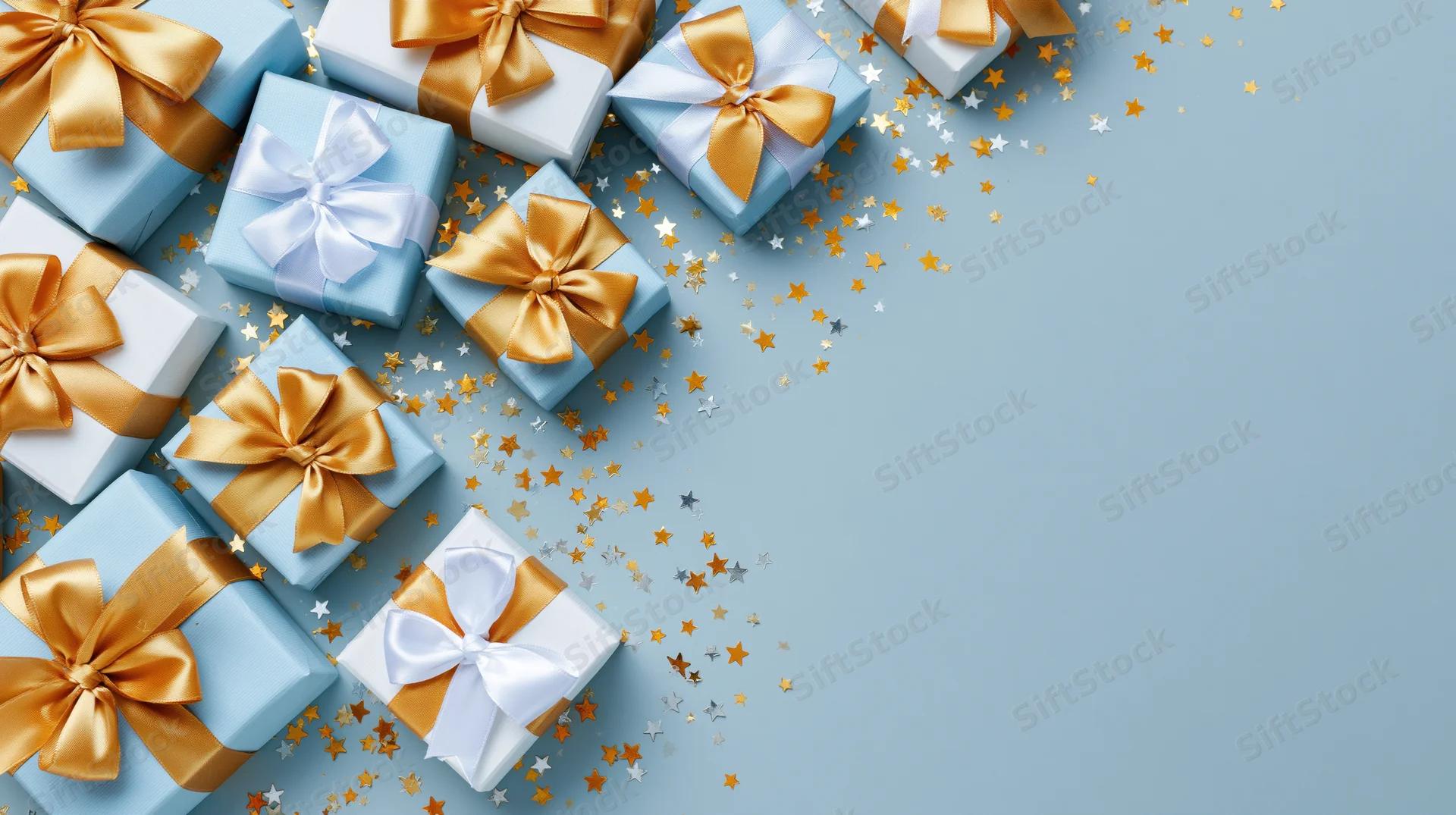 Wrapped gift boxes with ribbons and star confetti on a blue surface