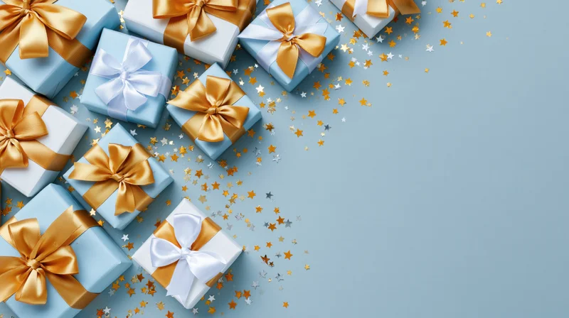 Wrapped gift boxes with ribbons and star confetti on a blue surface